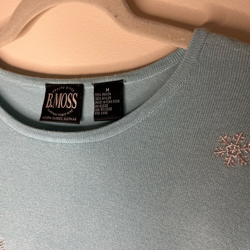 B. Moss Light Blue Sweater with Silver Embroidered Snowflakes (M)